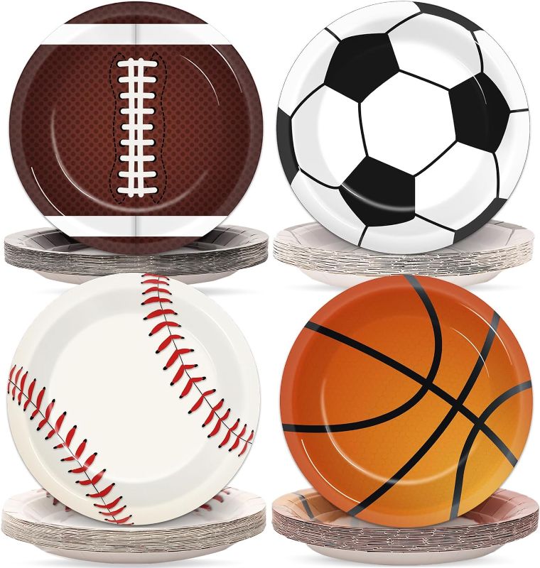 Photo 1 of ZOIIWA 50Pcs Sports Themed Birthday Party Supplies All Star Plates Baseball Football Soccer Basketball Dinnerware Plates Superstar Disposable Paper Plates for Boy Birthday baby shower Party Decor
