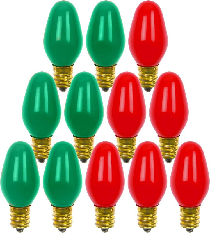 Photo 1 of 12 Pack C7 Red Light Bulb Green Light Bulb Ceramic Incandescent 7 Watt E12 Base C7 Night Light Colored Bulb Candelabra Based Red Bulb Green Bulb Christmas Bulb Red Green