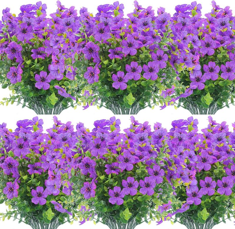 Photo 1 of 12 Bundles Artificial Flowers Outdoor UV Resistant Fake Plastic Plants Indoor Outside Hanging Plants Garden Porch Window Box Home Wedding Farmhouse Festive Shrub Decor (Purple)
