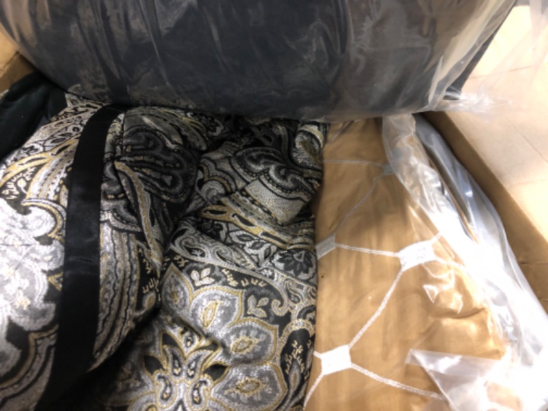 Photo 1 of Madison Park Essentials Michelle 24-Piece Room in A Bag Comforter Set-Satin Jacquard, All Season Luxury Bedding, Sheets, Decorative Pillows and Curtains, Valance, Black Queen(90"x90") Black Queen (90 in x 90 in)