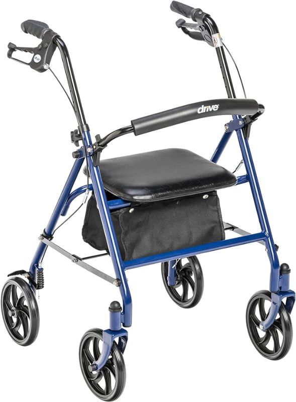 Photo 1 of Drive Medical 10257BL-1 4 Wheel Rollator Walker With Seat, Steel Rolling Walker, Height Adjustable, 7.5" Wheels, Removable Back Support, 300 Pound Weight Capacity, Blue