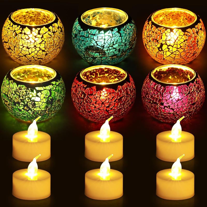 Photo 1 of 12 Pcs Mosaic Glass Votive Candle Holders and LED Tea Lights Candles Bowl Set Romantic Tealight Centerpiece Flameless Battery Operated Tea Light Table Decoration for Party Wedding(Bright Style)
