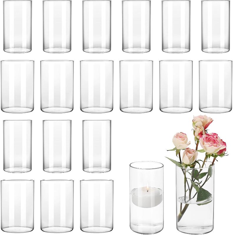 Photo 1 of CEWOR 20pcs Glass Cylinder Vase Candle Holder 6 Inch Tall Clear Vases for Wedding Centerpieces Hurricane Floating Candle Simple Vases for Home Decor Party 2 Different Bottom Diameters