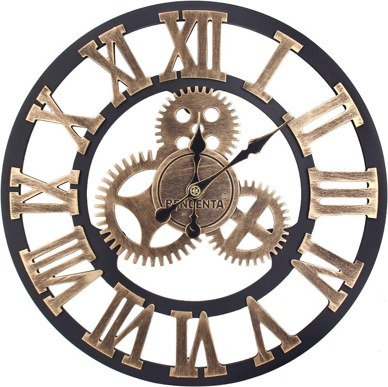 Photo 1 of Bengenta Vintage Gear Wall Clock 23 inch Noiseless Silent Non-Ticking Wooden Wall Clock - Large 3D Retro Rustic Country Decorative Luxury for House Warming Gift Black&Gold
