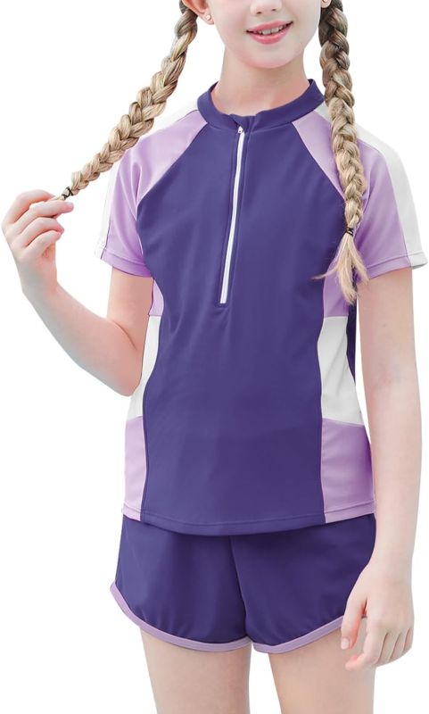 Photo 1 of ADUKIDE Girls Rashguard Swimsuit Size 7-14T Two Piece Zipper Bathing Suit Kids Beach Swim Top with Liner Bodyshort
