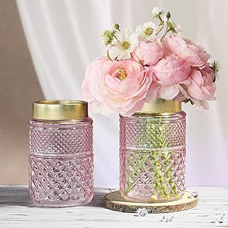 Photo 1 of 2-Pack Flower Vase Glass, Pink Fluted Vase with Golden Metal Top, Stylish Decorative for Tabletop Centerpiece, Kitchen, Living Room, Bedroom, Bathroom, Office(Blush Pink-Set of 2)