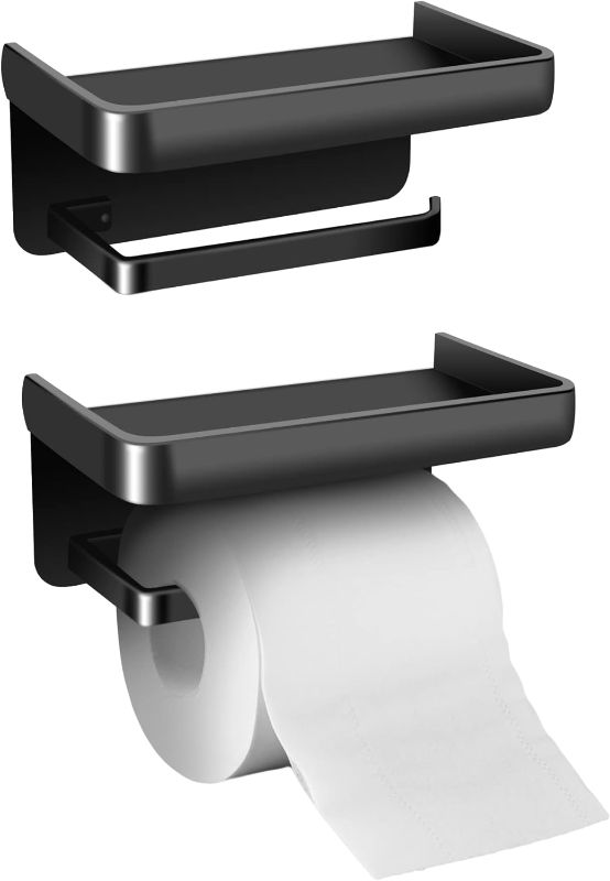 Photo 1 of 2PCS Toilet Paper Holder with Shelf, Matte Black Toilet Paper Holder, Toilet PaperHolder Wall Mount, Bathroom Adhesive Toilet Paper Holder SUS 304 Stainless Steel Modern Paper Towel Holder.