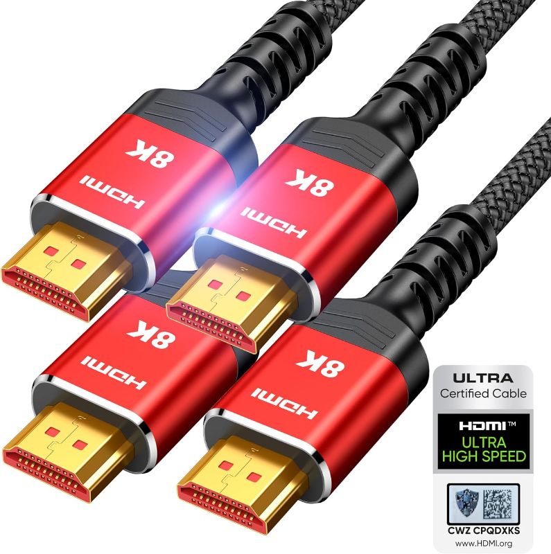 Photo 1 of Highwings 8K HDMI Cables 2.1 6.6FT 2-Pack, (Certified) 10K 8K@60Hz 4K@120Hz 144Hz 48Gbps HDMI Cord, 2.1 HDMI Ultra High Speed Braided, HDCP 2.2& 2.3, eARC, HDR10, Compatible Roku TV/PS5/HDTV/Blu-ray