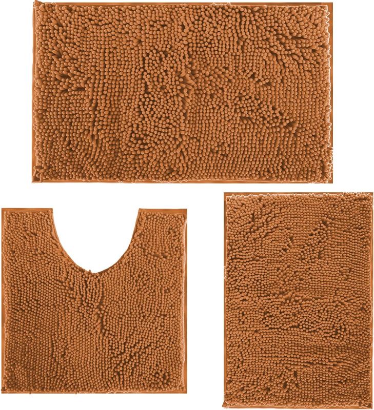 Photo 1 of  3-Pack Chenille Noodle Bath Mat with Non-Slip Backing, burnt orangeBathroom Rugs Sets 3 Piece Non Slip Extra Absorbent Shaggy Chenille Bathroom Rugs and Mats Sets, Soft & Dry Bath Rug/Mat Sets for Bathroom Washable Carpets Set Champagne Bathroom Mats Set