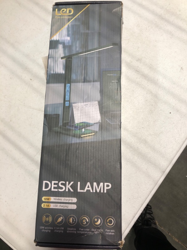 Photo 1 of LED Desk Lamp with Wireless Charger, USB Charging Port, Sliding Dimmable Auto Timer Table Lamp with Night Light, Desk Lights with Clock for Study Reading Home Office Black-Update