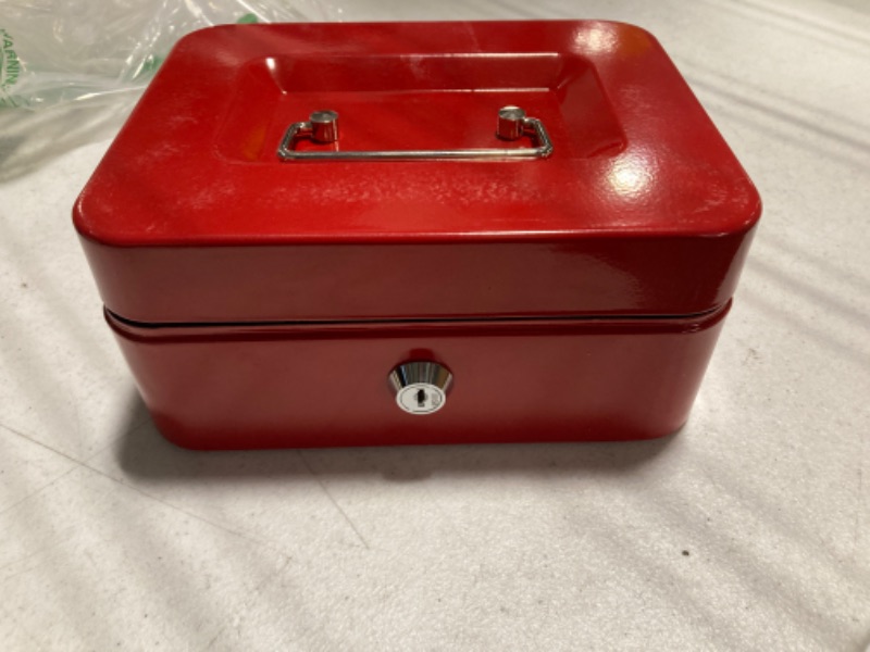 Photo 2 of ***MISSING KEY***Cash Box Key Lock, Cash Box with Money Tray and Key Lock with 4 Bill 5 Coin Slots,Large Safe Lock Box with Key,Portable Steel Money Saving Organizer for Security 7.87"*6.30"*3.54", Red Key-M Red