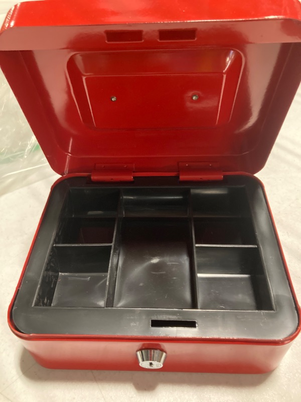 Photo 3 of ***MISSING KEY***Cash Box Key Lock, Cash Box with Money Tray and Key Lock with 4 Bill 5 Coin Slots,Large Safe Lock Box with Key,Portable Steel Money Saving Organizer for Security 7.87"*6.30"*3.54", Red Key-M Red