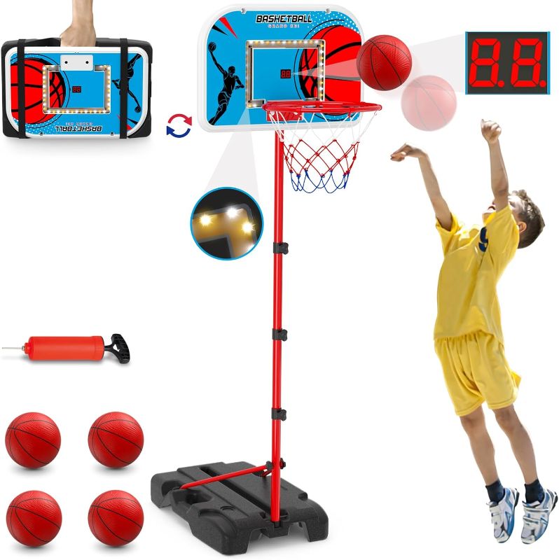 Photo 1 of ***MISSING PARTS****Kids Basketball Hoop Indoor with Scoreboard & LED, Toddler Basketball Hoop Outdoor, with Package Design/Adjustable Height/4 Balls, Portable Basketball Goal Court Toys Gifts for Boys Girls