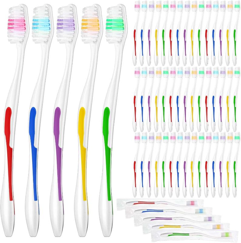 Photo 1 of 150 Pack Toothbrushes Bulk Travel Toothbrush Kit Disposable Medium Bristle Tooth Brushes Individually Wrapped Toothbrush Soft Toiletries for Travel Hotel Guests Homeless Use, Multi Colors
