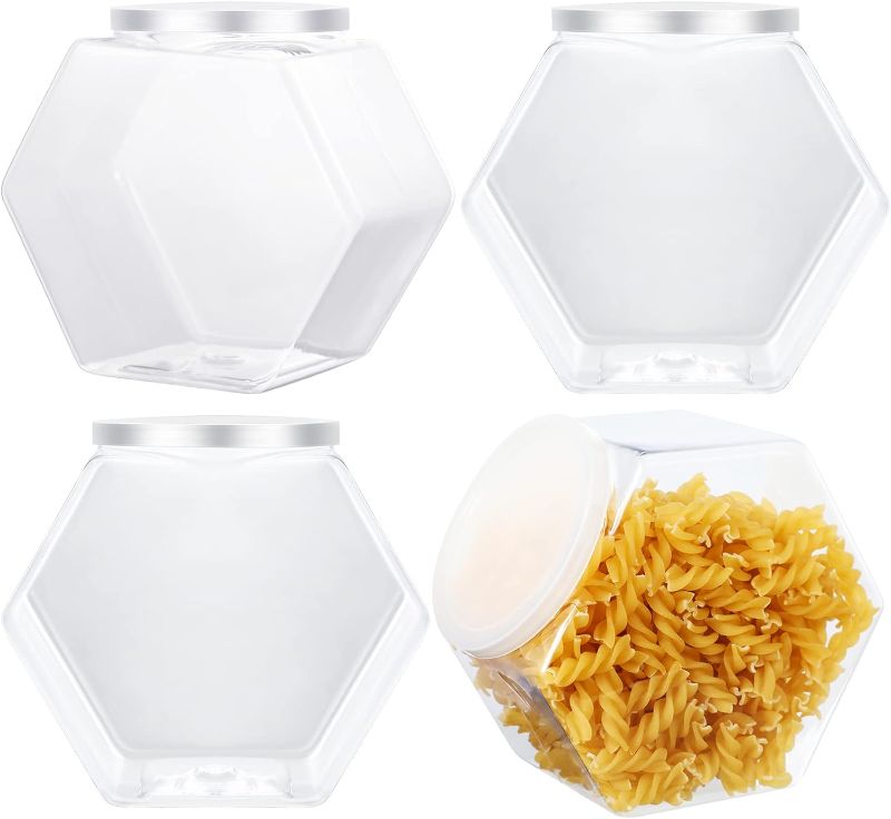 Photo 1 of 4 Pieces Plastic Candy Jars Cookie Jars for Kitchen Counter Hexagon Cookie Jar with Lid Clear Candy Containers Laundry Pod Storage Container Dry Food Jar for Candy Buffet Dog Treats Craft (29 Oz)