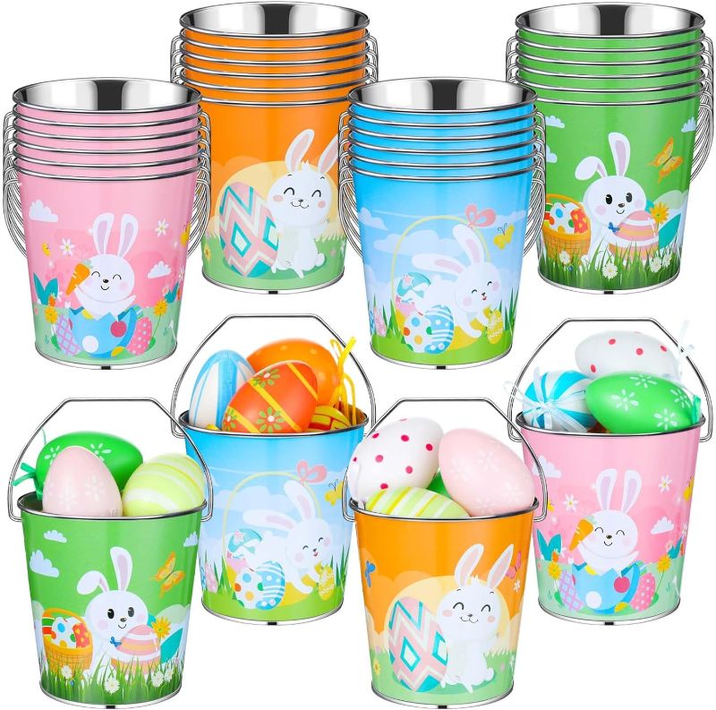 Photo 1 of 24 Pcs Easter Small Metal Buckets Bulk with Handles Mini Easter Galvanized Bucket Metal Pail Candy Snack Container for Easter Party Table Centerpieces Home Decoration, 3.9 x 3 x 4 Inch
