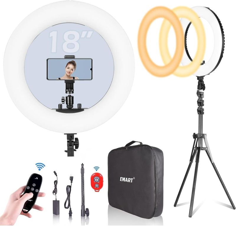 Photo 1 of EMART 18-inch Ring Light with Stand, 65W Big Adjustable 3200-5500K LED Ringlight with Ultra-wide Lighting Area for Camera Photography, YouTube Videos, Makeup, Kit: Phone Holder, Remote, Soft Tube, etc ***USED**FOR PARTS ONLY ***AS IS NO RETURNS**ALL SALES