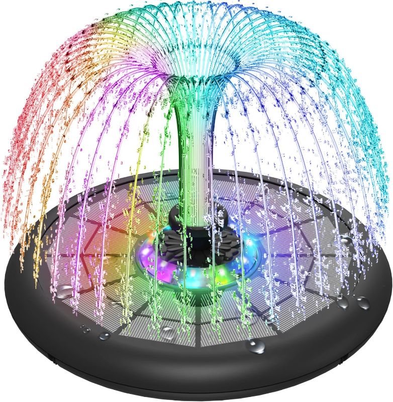 Photo 1 of GAIZERL UFO Style Solar Fountain, 2024 Upgrade 5W Solar Powered Glass Cover Bird Bath Fountains, Hummingbird Water Pumps with 4000mAh Battery, Color Lights, 7 Nozzles for Garden, Pool, and Koi Pond