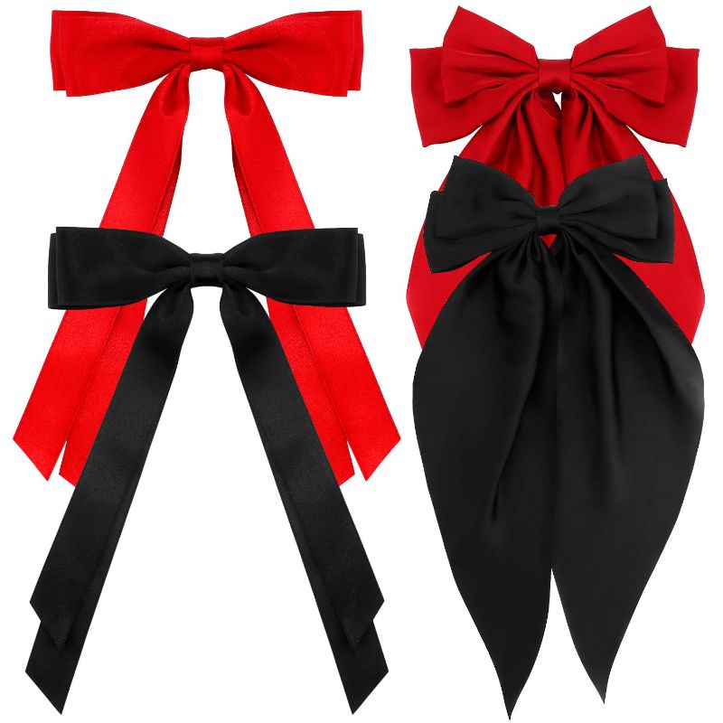 Photo 1 of Hair Bows Black Red 8pcs Silky Satin Hair Ribbons Cute Coquette Bows Oversized Long Tail Bow Hair Barrettes Metal Clips Big Bowknot Hair Accessories for Women Teen Girl Gifts Trendy Stuff PACK OF 8
