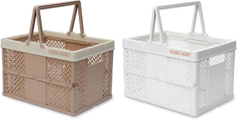 Photo 1 of 2-Pack Plastic Storage Baskets with Handles, Collapsible Hanging Basket for Organizing, Pastel Storage Crates for Car, Kitchen, Office, Bathroom, and Picnic Organizing, White+Mocha. (12.2" 9"
