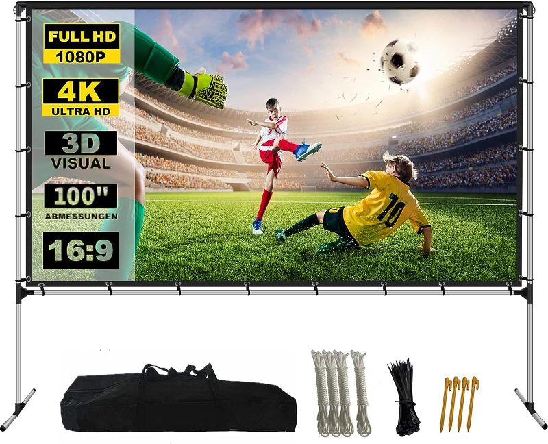 Photo 1 of 100 inch Projector Screen with Stand, Portable Front & Rear Projection Screen, 4K HD 16:9 Screen Outdoors and Indoors, Setup in Minutes, Home Theater, Presentation
