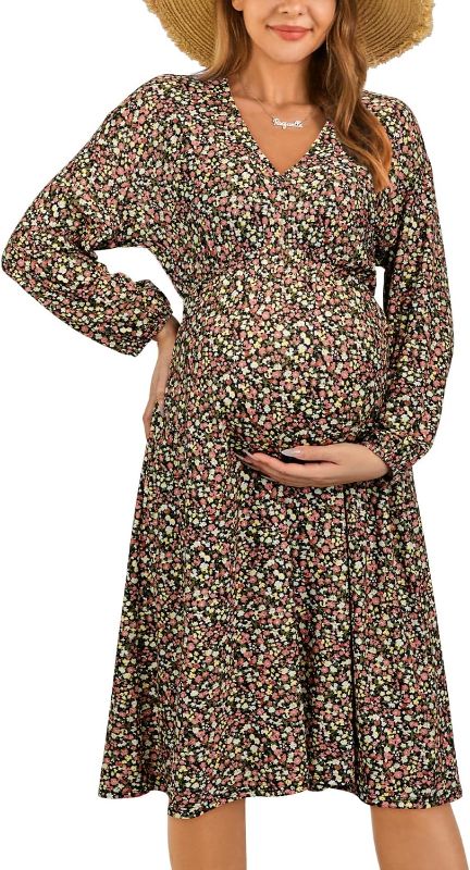 Photo 1 of OUGES Women's 2023 Fall Fashion V Neck Floral Midi Dress with Pockets Maternity Clothes Nursing Dresses Long Sleeve Medium Long Sleeve-floral B