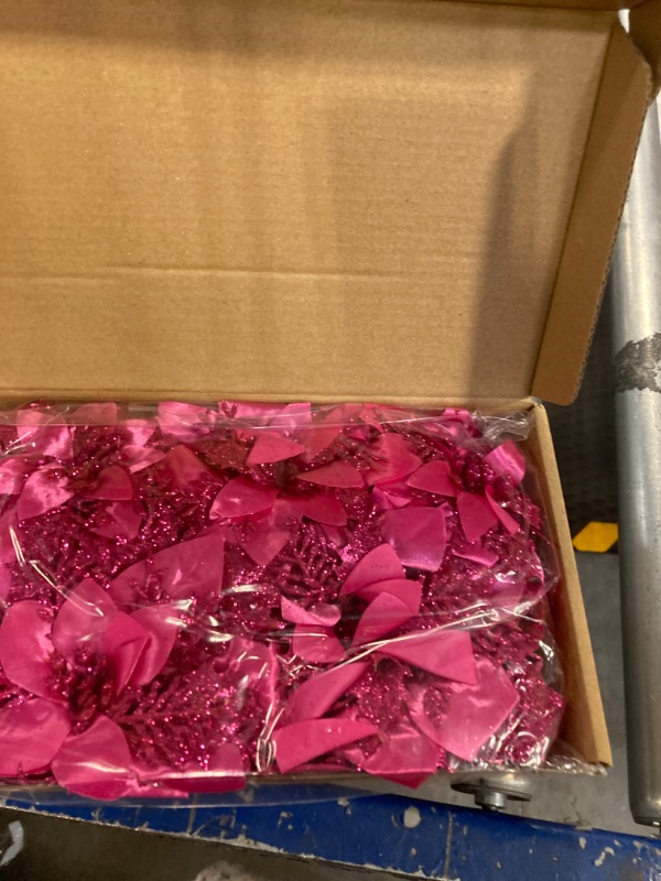 Photo 3 of 24 Christmas Glitter Artificial Poinsettia Flowers Xmas Poinsettia Artificial Wedding Flowers Decorations Xmas Tree Ornaments with Clips for Party Favors, 6 Inch, 4 Inch, 3 Inch (Fuchsia)