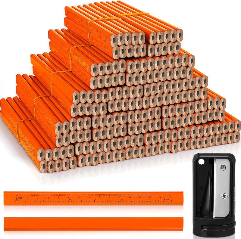 Photo 1 of Honoson 202 Pcs Carpenter Pencil Set 200 Pcs Flat Construction Pencils with Printed Ruler Wood Graphite Pencils 2 Pcs Carpenter Pencil Sharpener for Woodworking Marking Tool (Orange)