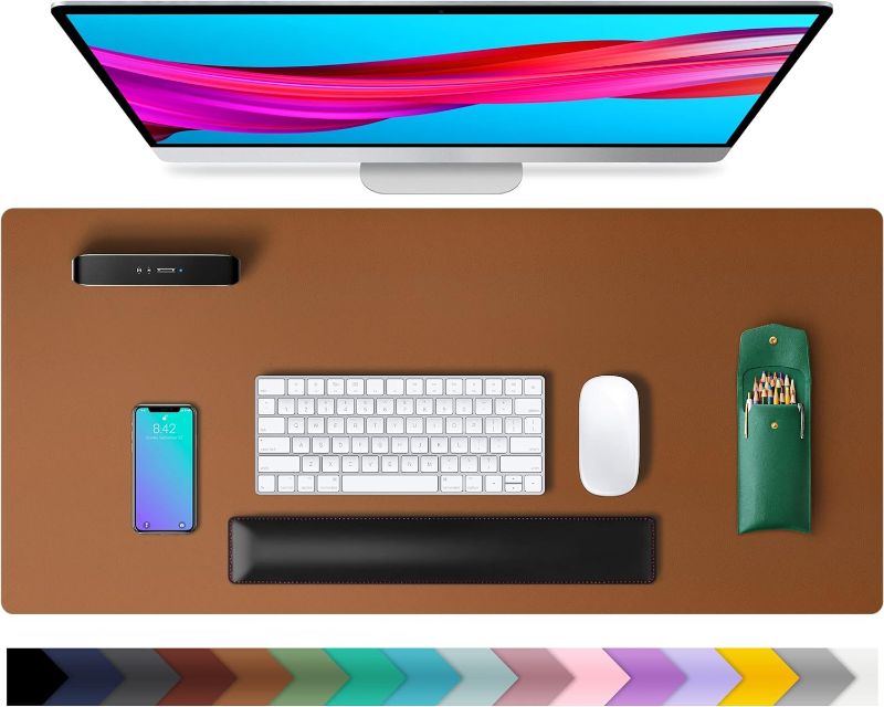 Photo 1 of Leather Desk Pad Protector,Mouse Pad,Office Desk Mat,Non-Slip PU Leather Desk Blotter,Laptop Desk Pad,Waterproof Desk Writing Pad for Office and Home (Brown,23.6" x 13.7") Brown 23.6" x 13.7"