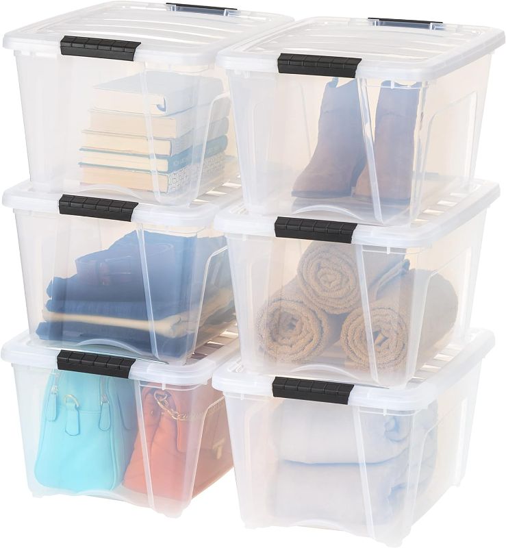 Photo 1 of (Cracked lids and edges) IRIS USA 32 Qt Stackable Plastic Storage Bins with Lids, 6 Pack - BPA-Free, Made in USA - See-Through Organizing Solution, Latches, Durable Nestable Containers, Secure Pull Handle - Clear
