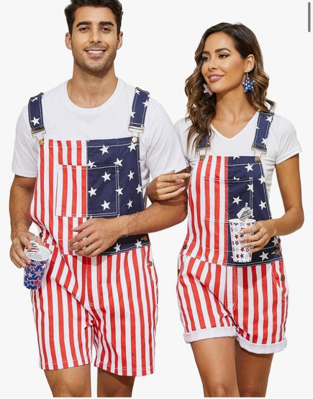 Photo 1 of 1 pcs American Flag Overalls Men and Women Stretch Denim Bib Shorts  USA 4th of July Outfit with Zipper medium