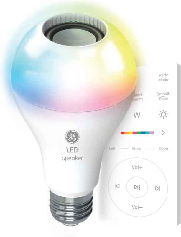 Photo 1 of GE LED+ Color Changing Speaker LED Light Bulb with Remote, 9W, Multicolor + Soft White, A21 (1 Pack)