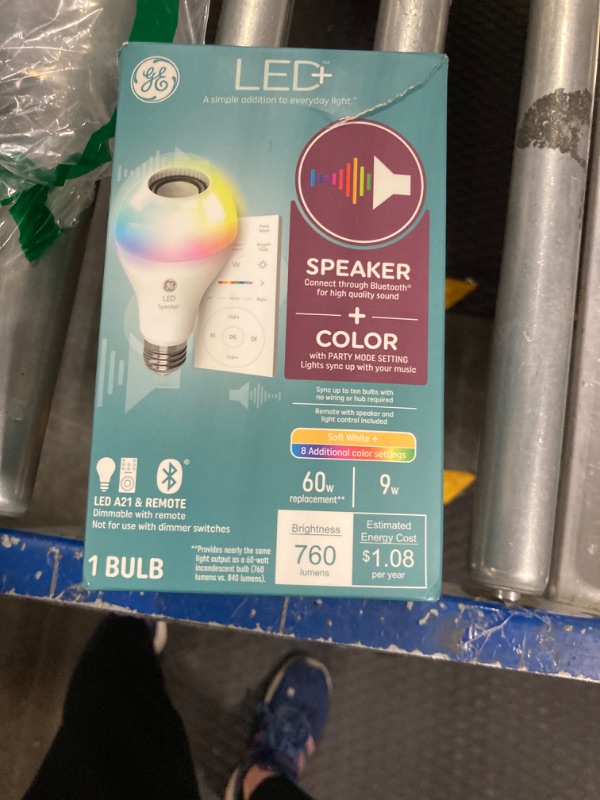 Photo 2 of GE LED+ Color Changing Speaker LED Light Bulb with Remote, 9W, Multicolor + Soft White, A21 (1 Pack)