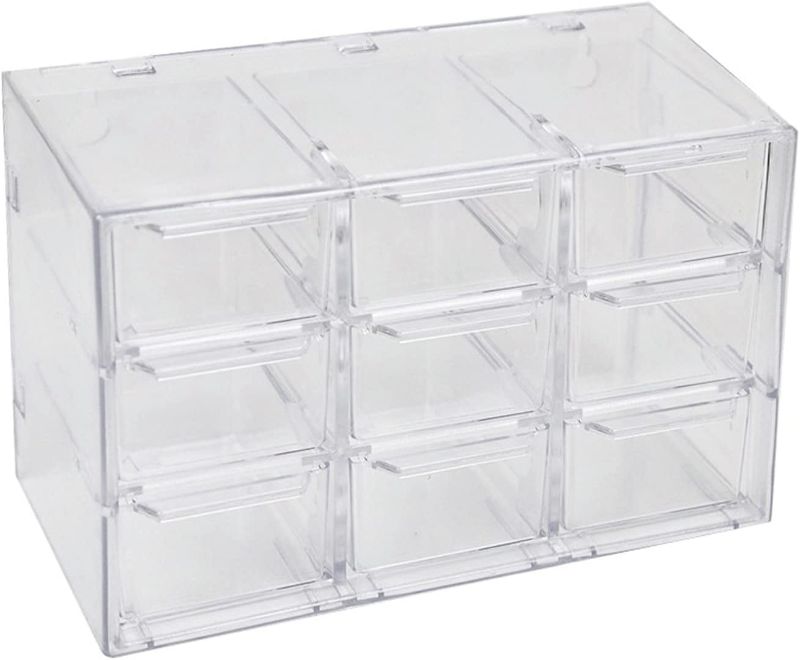 Photo 1 of  Mini Desktop Drawer Box 9 Compartments Plastic Desk Organizer Office Supplies and Jewelry Storage Box for Office, School, Cosmetic, Jewelry, Hair Clips, Small Parts, etc. (Clear)