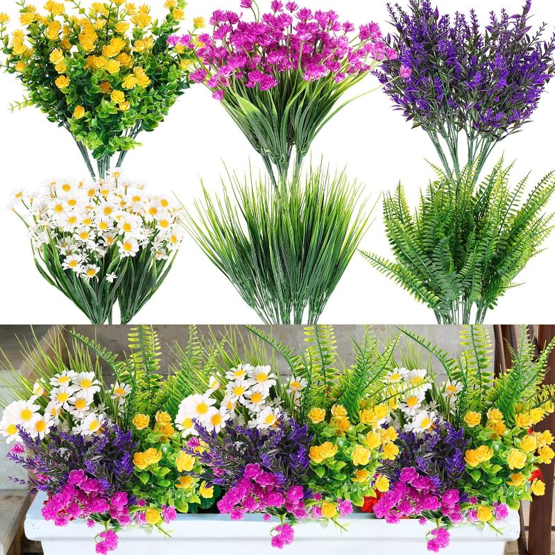 Photo 1 of Cindeer 24 Pcs Artificial Flowers Plants for Outdoors, UV Resistant Artificial Fake Plants Plastic Faux Flowers Plants Outdoor Indoor Fall Flowers Artificial for Decors Wedding (Lively Color)