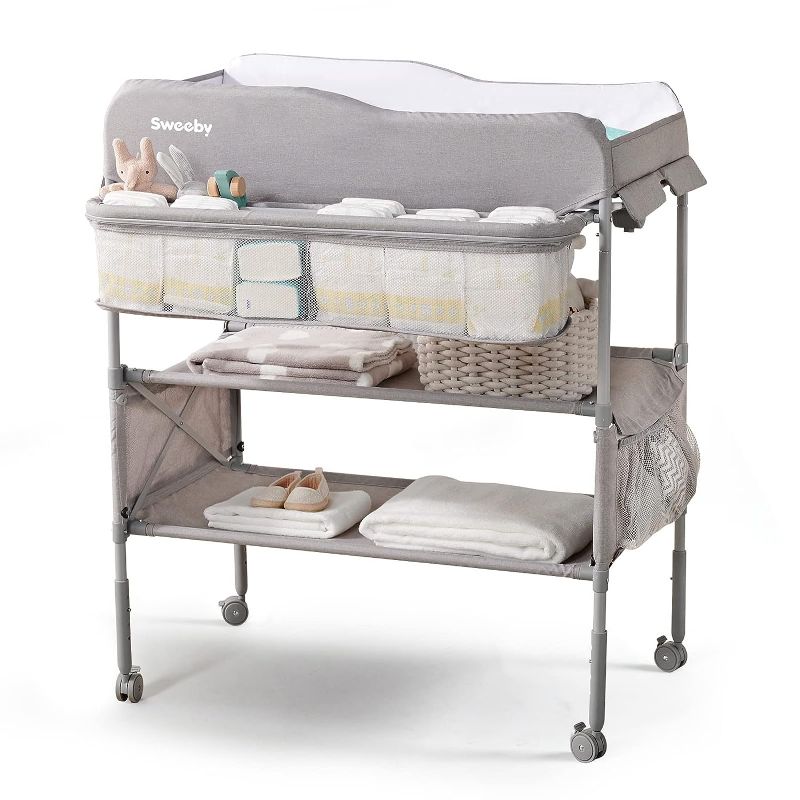 Photo 1 of Sweeby Portable Baby Changing Table, Foldable Changing Table Dresser Changing Station for Infant, Waterproof Diaper Changing Table Pad Topper, Mobile Nursery Organizer for Newborn Essentials (Grey)
