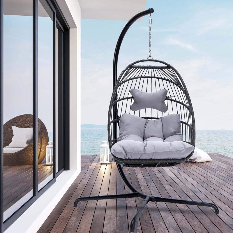 Photo 1 of *** METAL RAILS ONLY NO HAMMOCK***** Egg Chair Outdoor Indoor Patio Wicker Hanging Egg Chair Swing Hammock Egg Chairs UV Resistant Cushions 350lbs Capacity for Living Room Bedroom Balcony (Grey)
