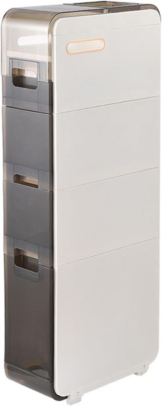 Photo 1 of 4 Tier Bathroom Floor Cabinet, Vertical Storage Unit with Clear Drawers and Casters, Large Capacity Narrow Tall Slim Storage Tower Waterproof Toilet Paper Storage Cabinet for Small Spaces Gaps
