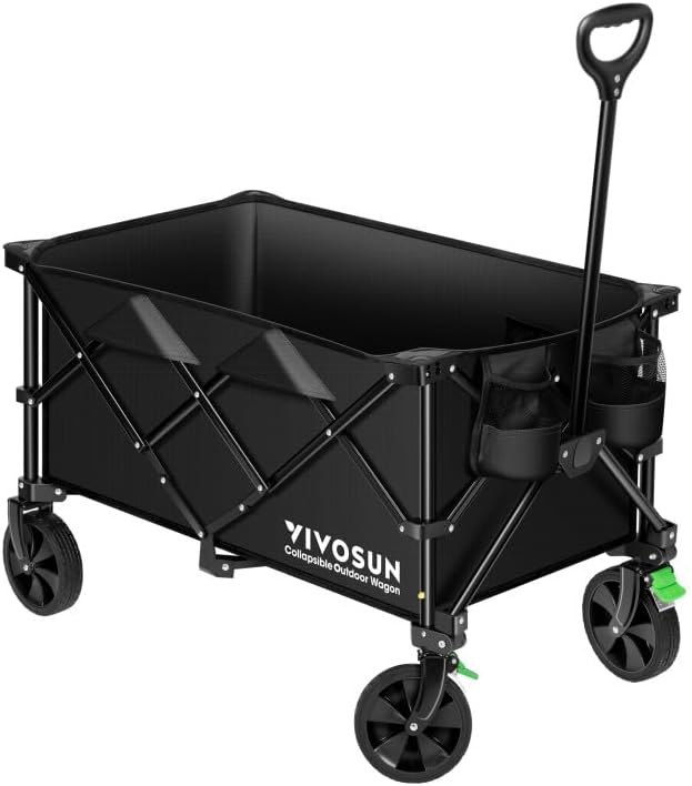 Photo 1 of  Collapsible Folding Wagon, Outdoor Utility with Silent Universal Wheels, Cup Holders & Side Pockets, Adjustable Handle, for Camping, Garden, Sports, Picnic, Shopping, Black
