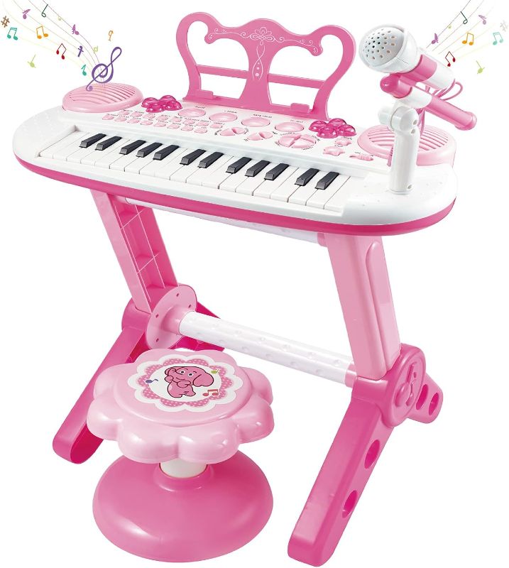 Photo 1 of Kids Piano Keyboard Toys, 31-Keys Piano for Toddler Ages 3-5-9, Educational Toys with Microphone, Stool, Portable Multifunction Electronic Musical Instrument, 3+Year Old Girls Birthday Gift Ideas-Pink
