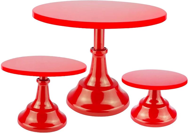 Photo 1 of 3 Pcs Red Cake Stands Set Metal Cupcake Pedestal Table Dessert Display Stand with Tall Base Decoration Serving Platter for Baby Shower Wedding Birthday Parties Celebration