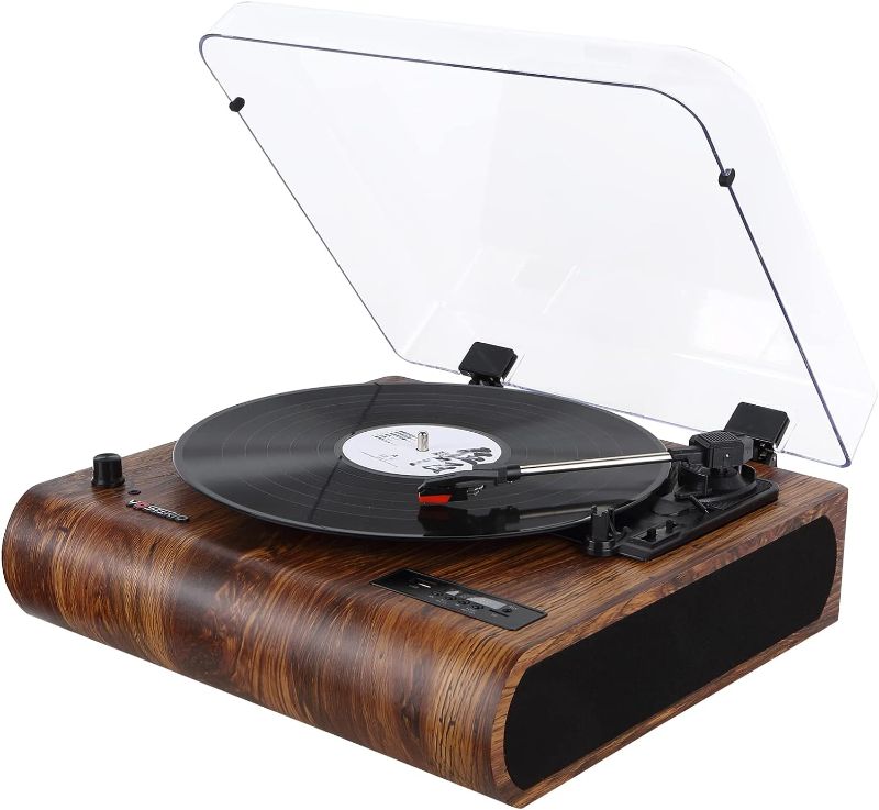 Photo 1 of VOSTERIO Bluetooth Record Player, 3 Speed Turntable with Built-in Speakers, Retro LP Vinyl Player with BT Input & Output, FM Radio, USB & SD Card Recording, Aux in, LED Display
