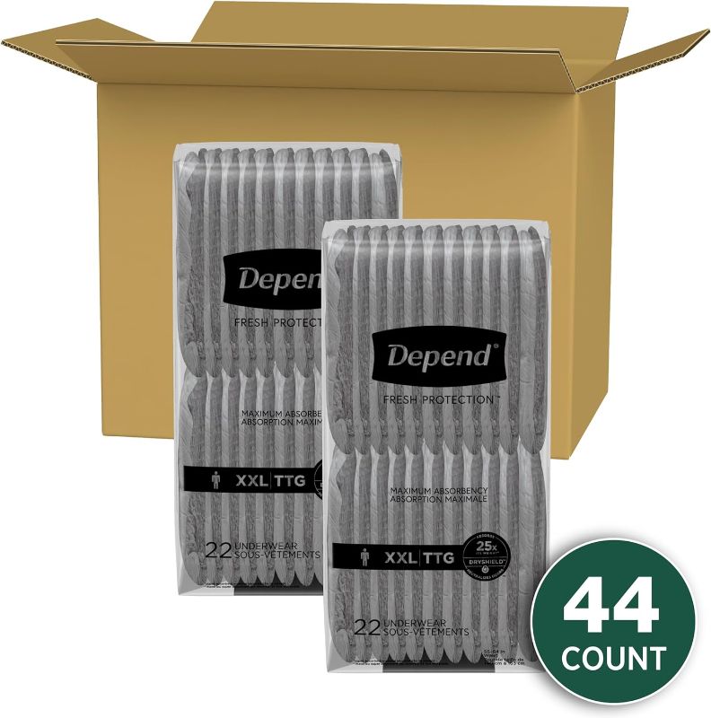 Photo 1 of Depend Fresh Protection Adult Incontinence Underwear for Men (Formerly Depend Fit-Flex), Disposable, Maximum, Extra-Extra-Large, Grey, 44 Count (2 Packs of 22), Packaging May Vary