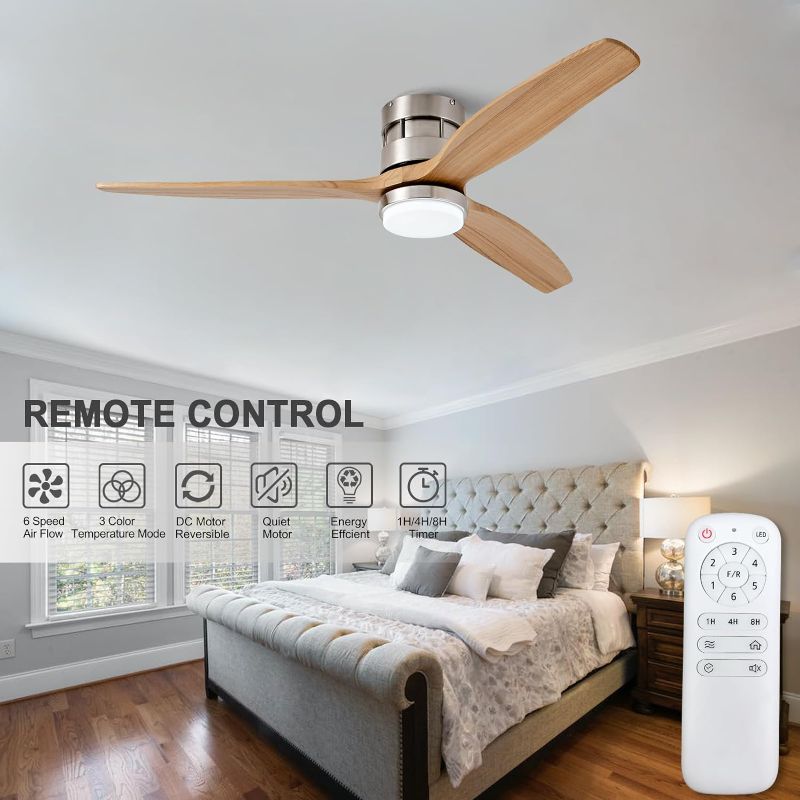 Photo 1 of BOOMJOY 52” Low Profile Flush Mount Ceiling Fans with Lights and Remote Control DC Motor, Brushed Nickel Industrial Wood Ceiling Fan for Living room Bedroom Indoor Outdoor Farmhouse Patios Garage SIMILAR