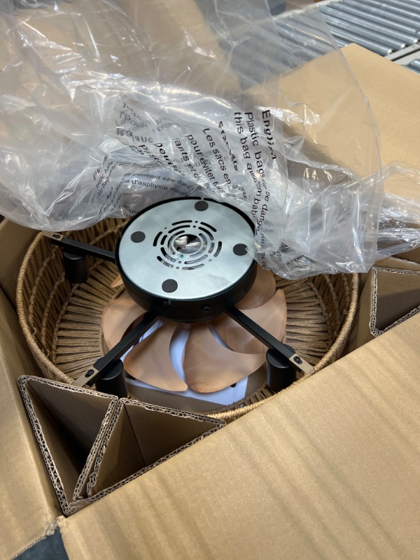 Photo 1 of Frstem Boho Fandelier, 20" Rattan Caged Ceiling Fan with Lights & Remote Control Kit, Flush Mount Fan Chandelier, Bladeless/Low Profile/6-speed/Quiet Motor for Living Room Bedroom Kitchen Hallway