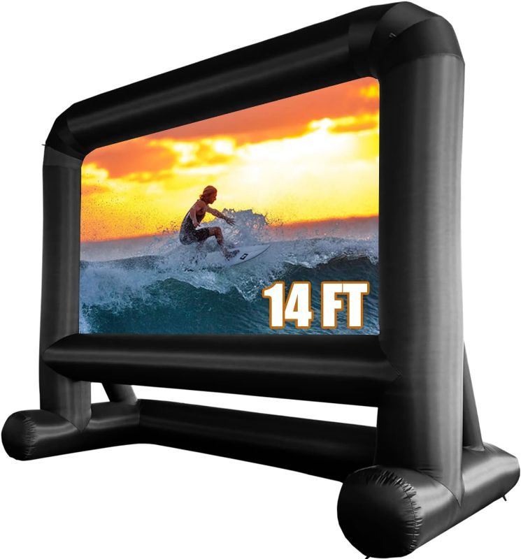 Photo 1 of 14 FT Inflatable Projector Movie Screen for Outside Indoor 104" Front/Rear Projection Screen, Blow Up Screen with Quiet Fan, for Backyard Outdoor Movie Night,TV Football Games Screening,PartySlideshow 14 FT (Stable Base)