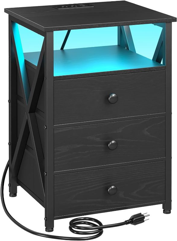 Photo 1 of AMHANCIBLE LED Nightstand with Charging Station, Smart End Side Table with USB Port & Power Outlet, Bedside Table with Fabric Drawers for Bedroom, Living Room, Black, HET053LBK1
