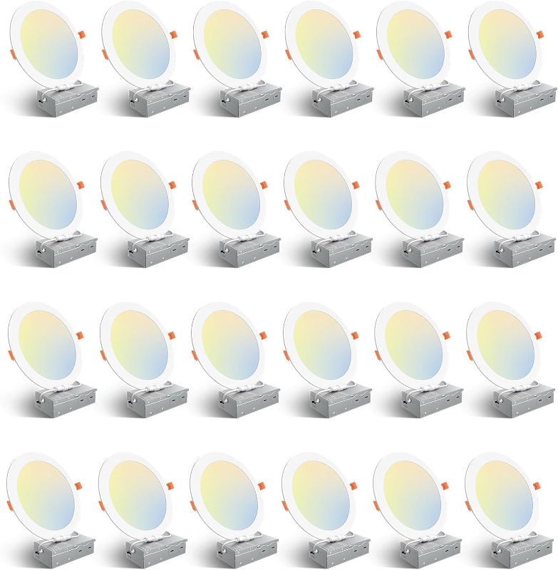 Photo 1 of Amico 24 Pack 8 Inch 5CCT Ultra-Thin LED Recessed Ceiling Light with Junction Box, 2700K/3000K/3500K/4000K/5000K Selectable, 18W Eqv 125W, Dimmable Canless Wafer Downlight, 1500LM High Brightness -ETL
