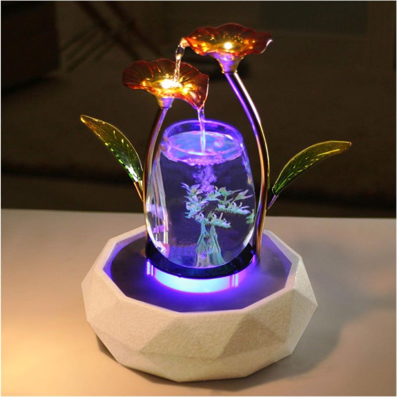 Photo 1 of ***** MAJOR DAMAGED******
 Red Glass Flower Fountain Waterfall Tabletop Water Feature Cascade Indoor Decoration Aquarium Zen Relaxesion Humidifier Meditation Colorful Fish Tank Modern Golden Color Metal Wrought Iron
