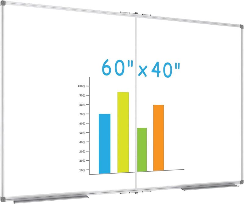 Photo 1 of JILoffice Large Foldable White Board 60x40 Inches, Dry Erase Magnetic White Board, Silver Aluminum Frame with 2 Detachable Marker Tray Wall Mounted Board for Office Home and School
****USED**** 